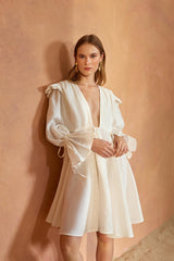 Sicily Loose Fit U Neckline Long Sleeve Mini Dress - White