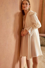 Sicily Loose Fit U Neckline Long Sleeve Mini Dress - White