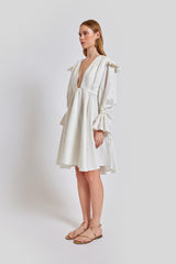 Sicily Loose Fit U Neckline Long Sleeve Mini Dress - White