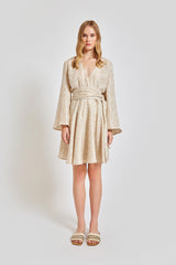 Marbella Wrap Style V Neck Mini Dress - Gold