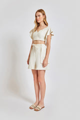 Lisbon Wavy Sleeves V Neck Top - Cream