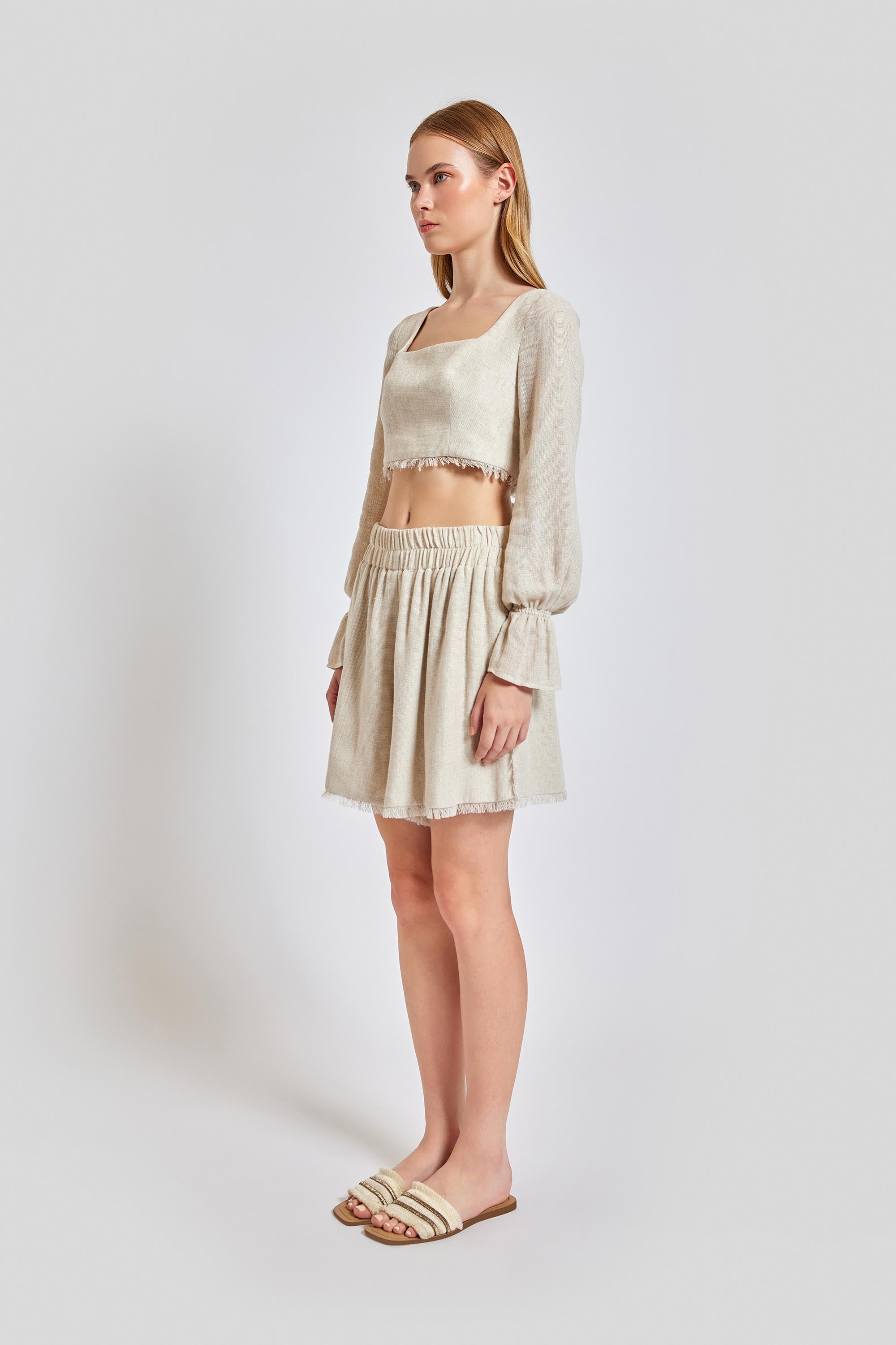 Venice Loose Fit Elastic Waist Mini Shorts - Beige
