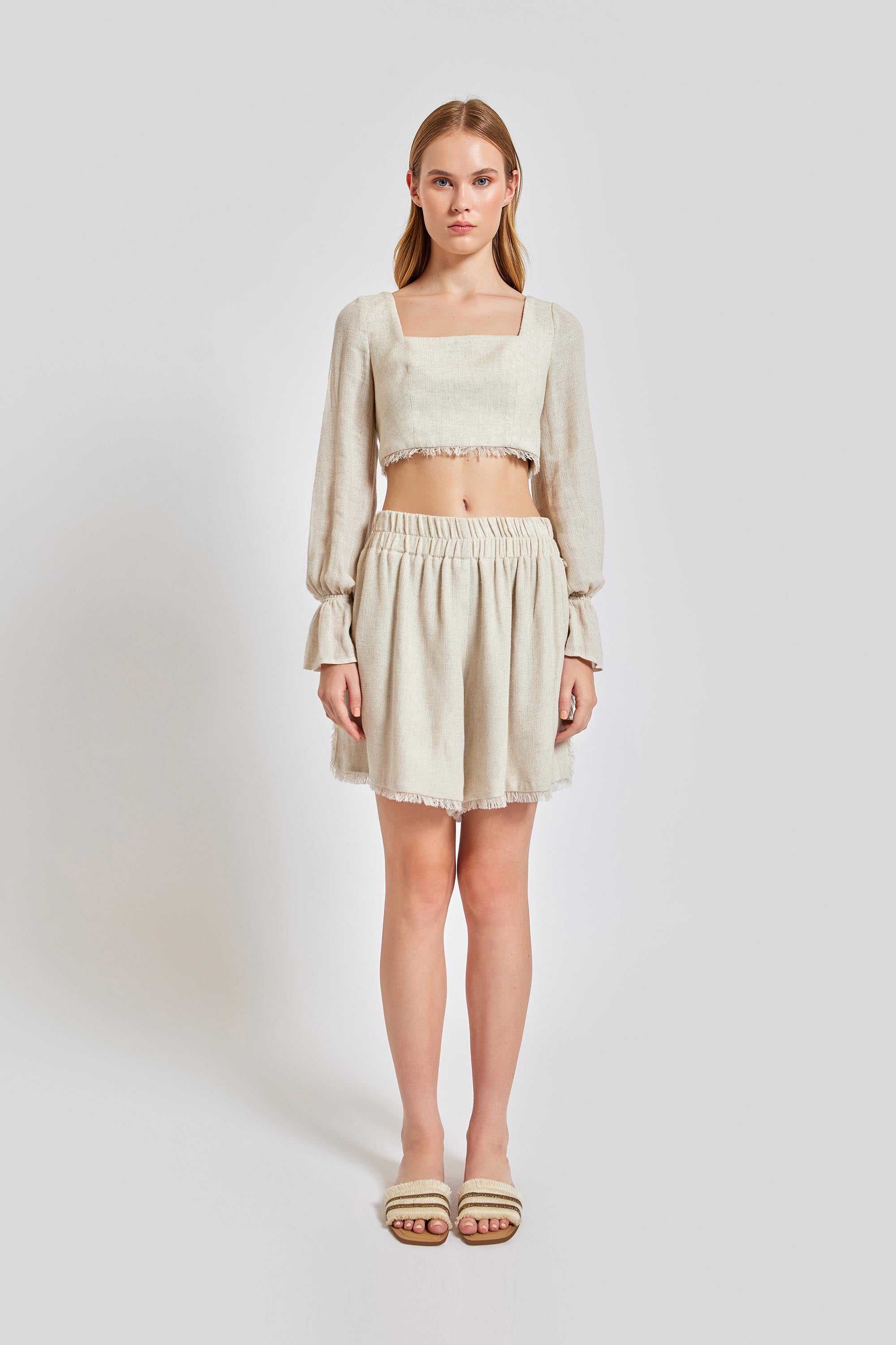 Venice Loose Fit Elastic Waist Mini Shorts - Beige
