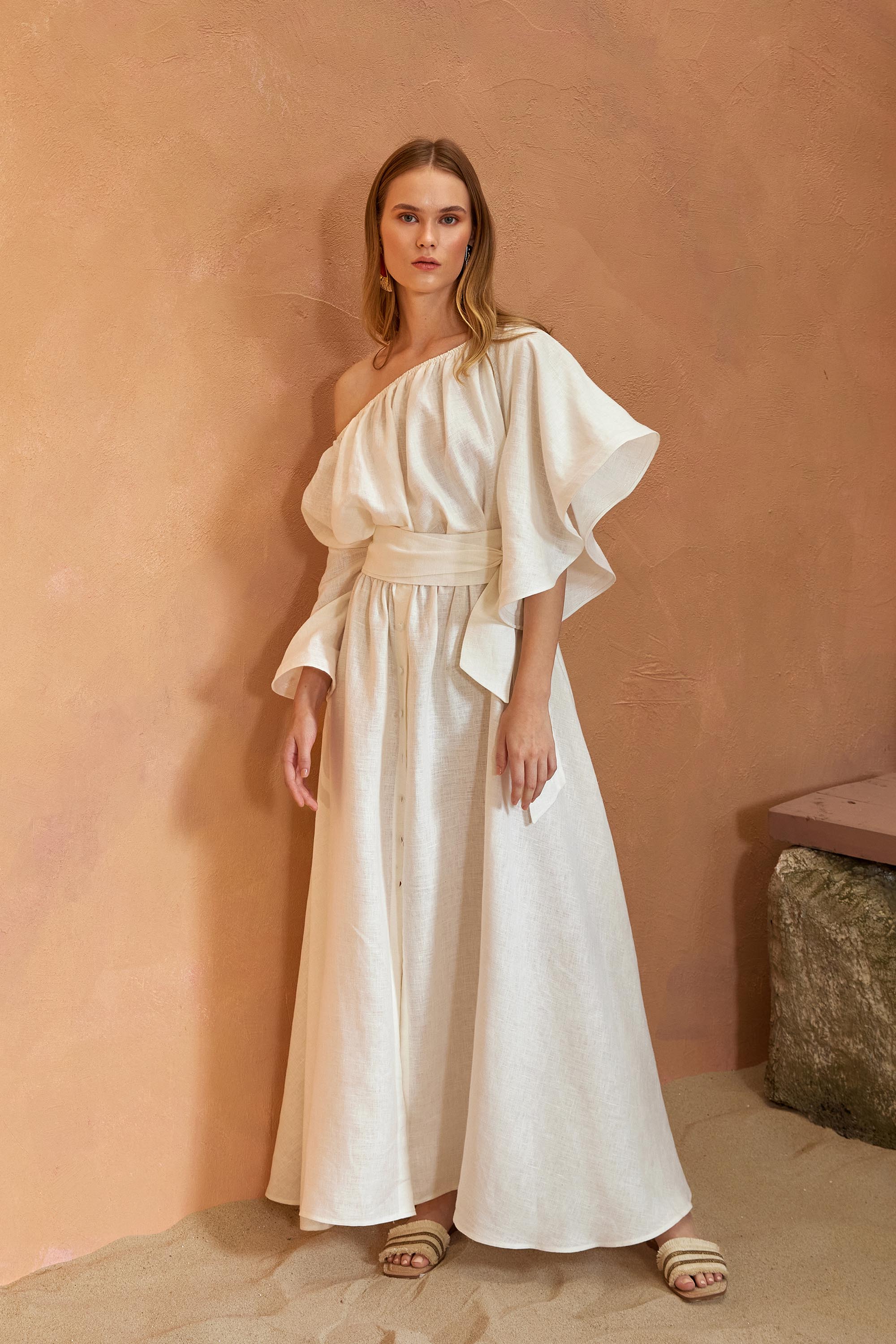 Portofino Wavy Sleeve Long Dress - White