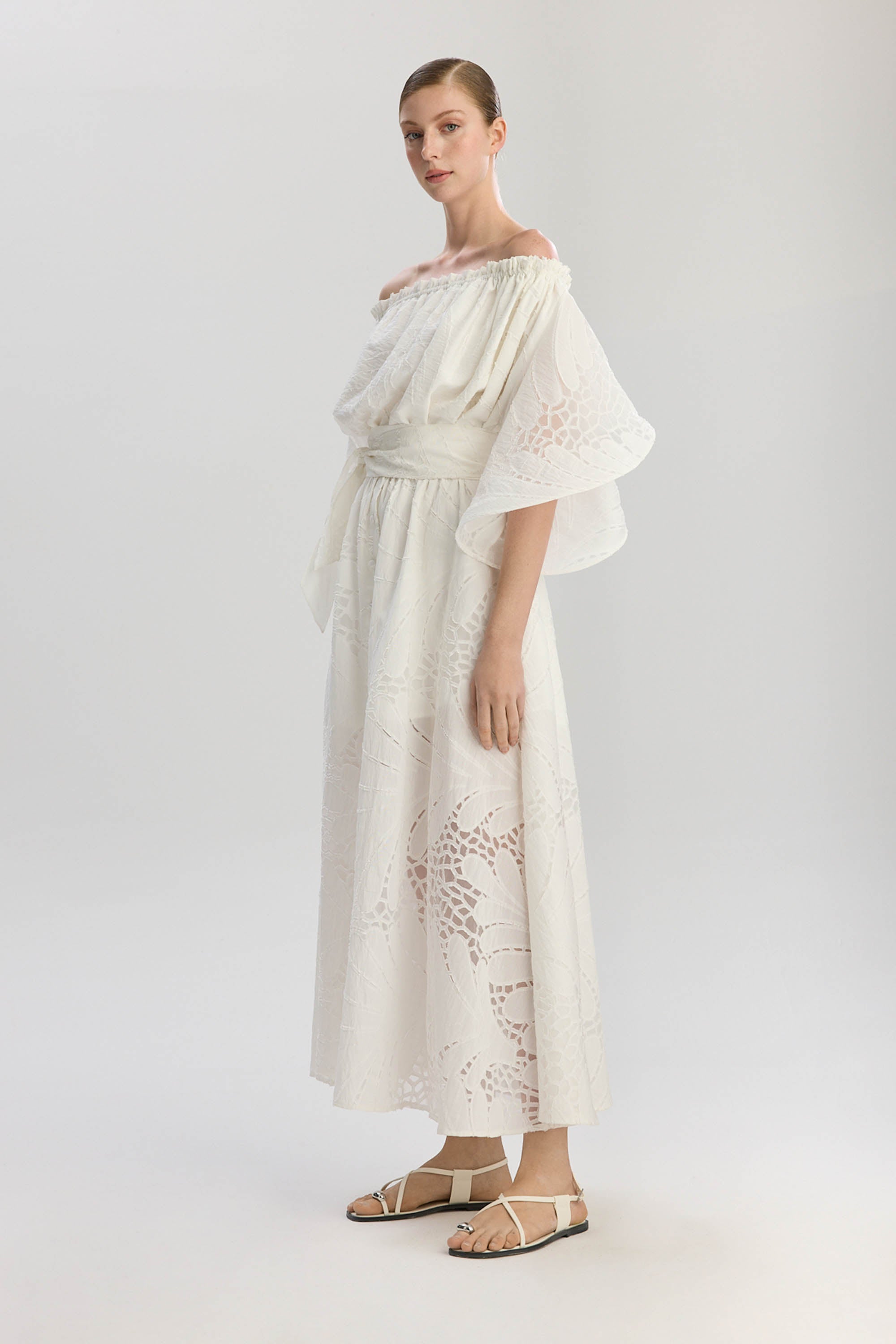 Victoria Wavy Sleeves Dress - White