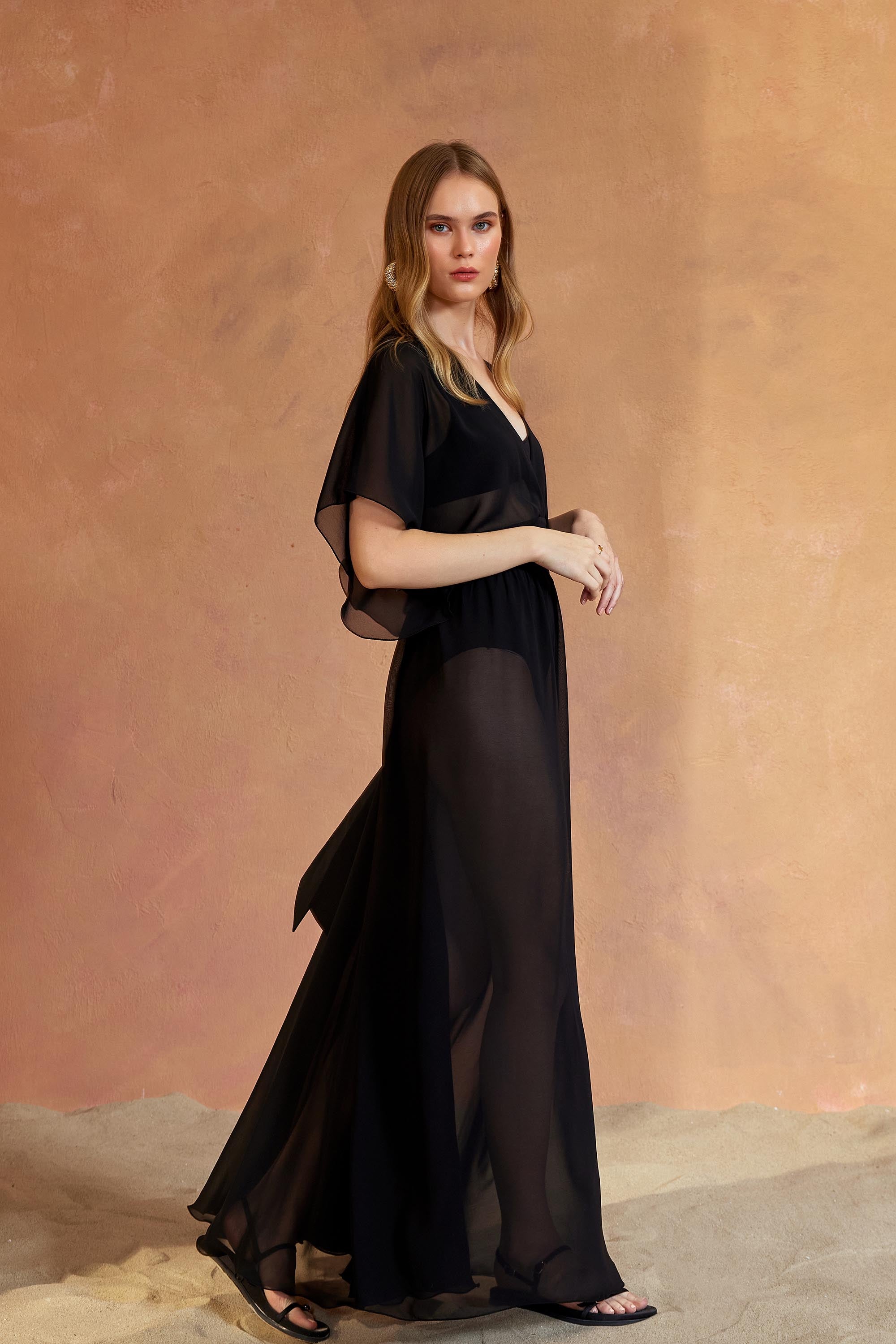 Ibiza V Neck Long Dress - Black