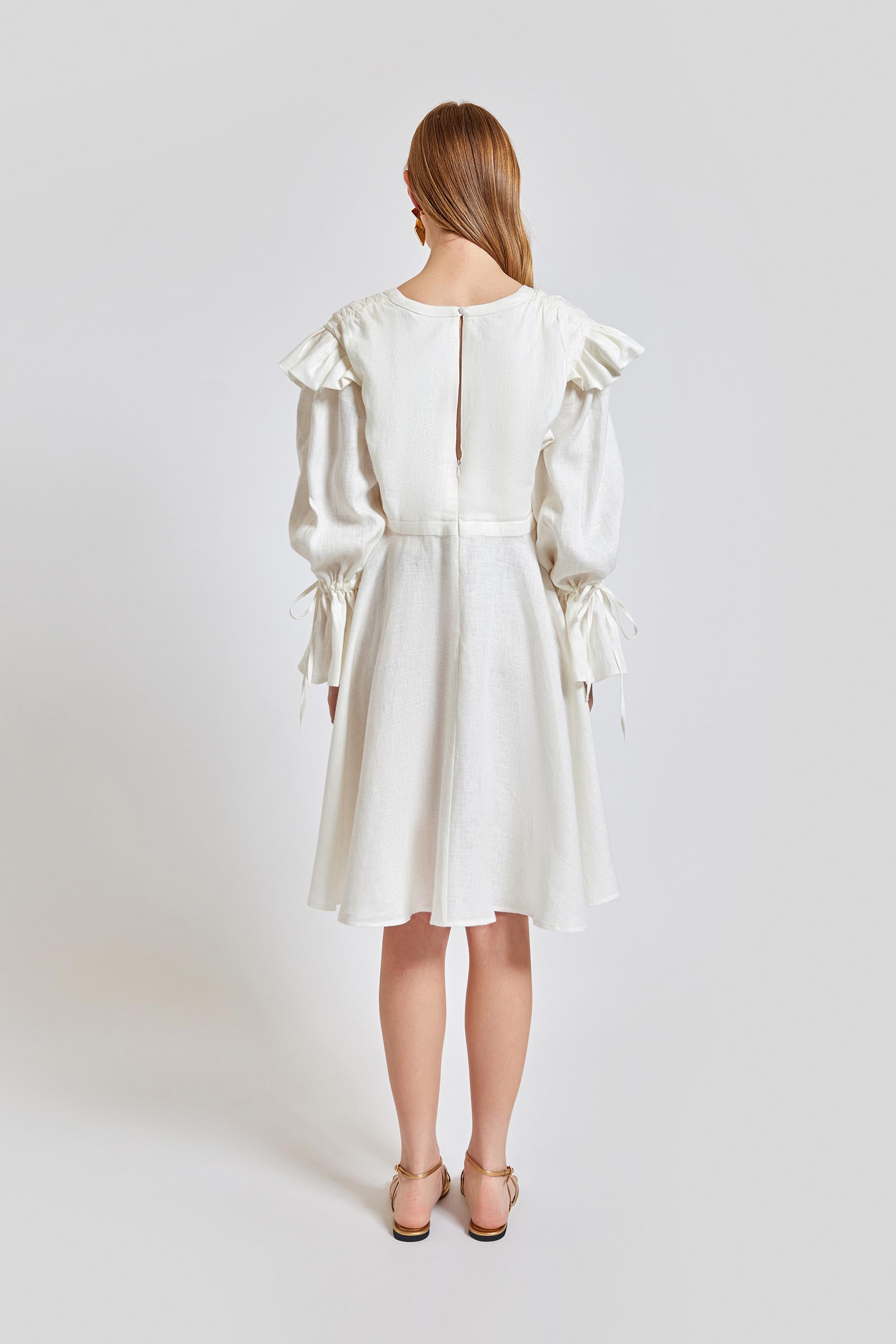 Sicily Loose Fit U Neckline Long Sleeve Mini Dress - White