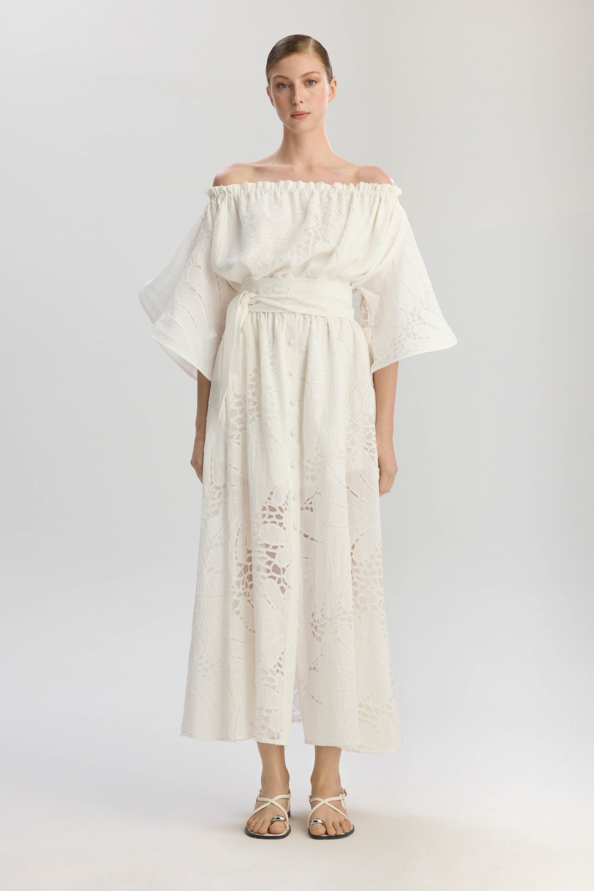 Victoria Wavy Sleeves Dress - White