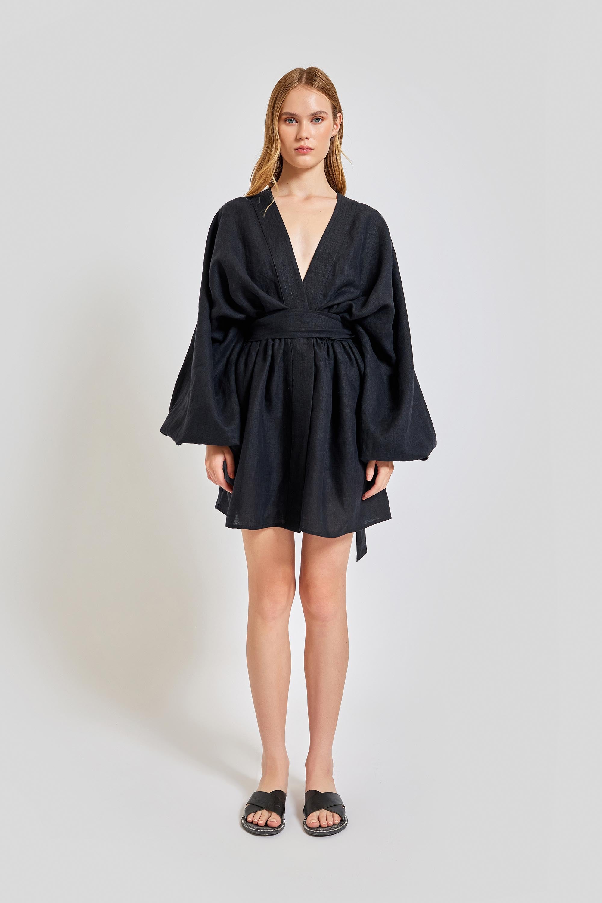 Sardinia Loose Arm Long Sleeve Short Dress - Black