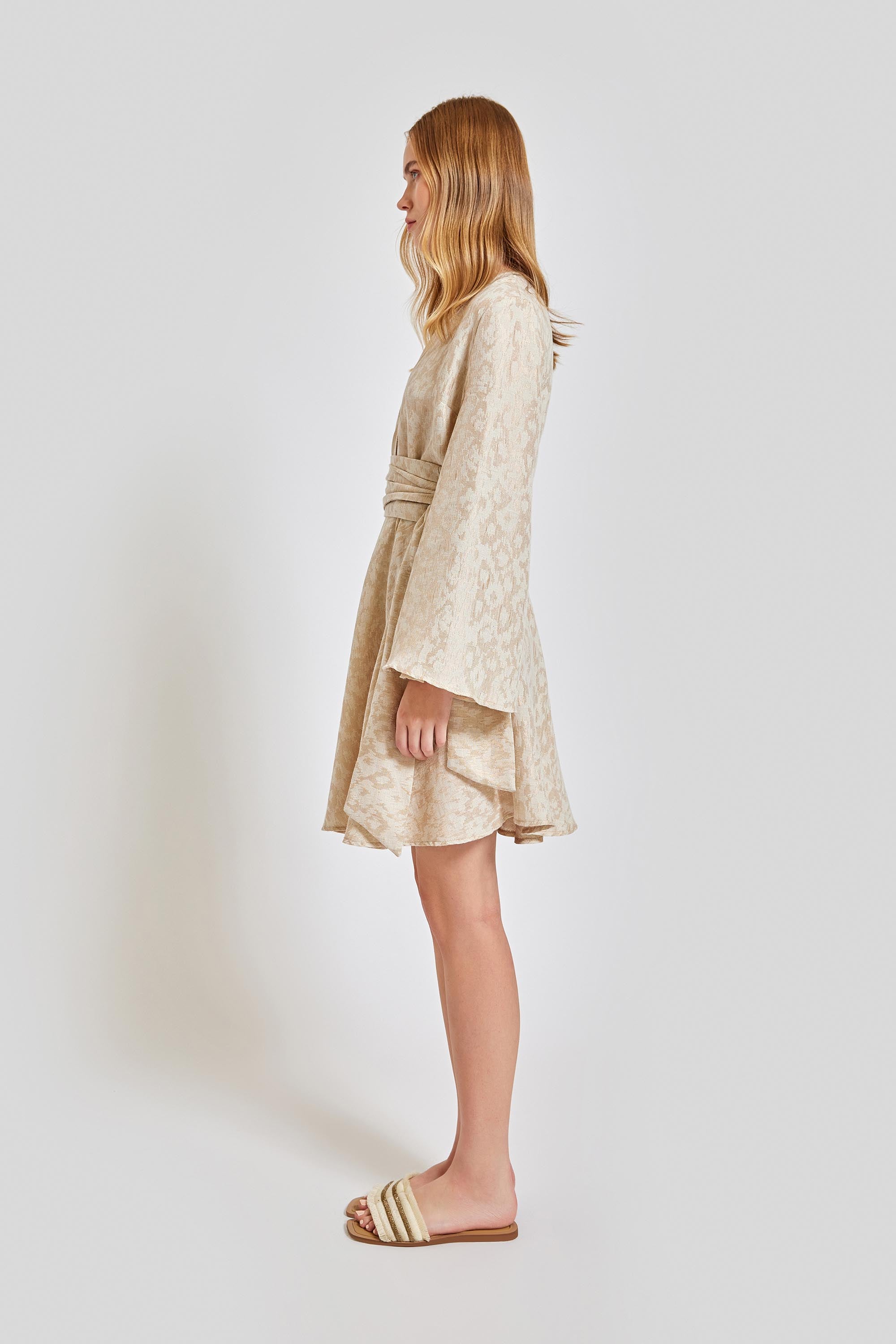 Marbella Wrap Style V Neck Mini Dress - Gold