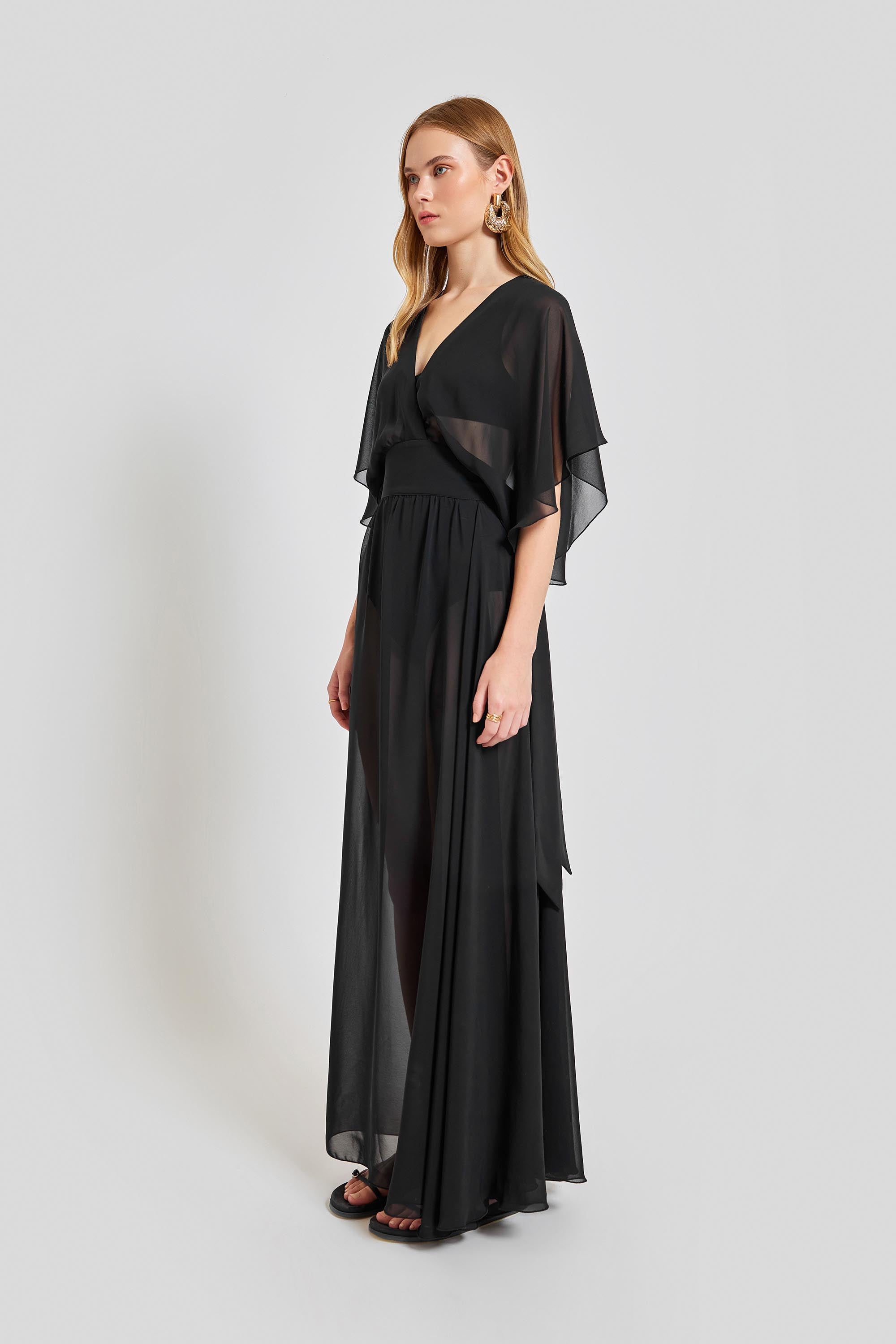 Ibiza V Neck Long Dress - Black