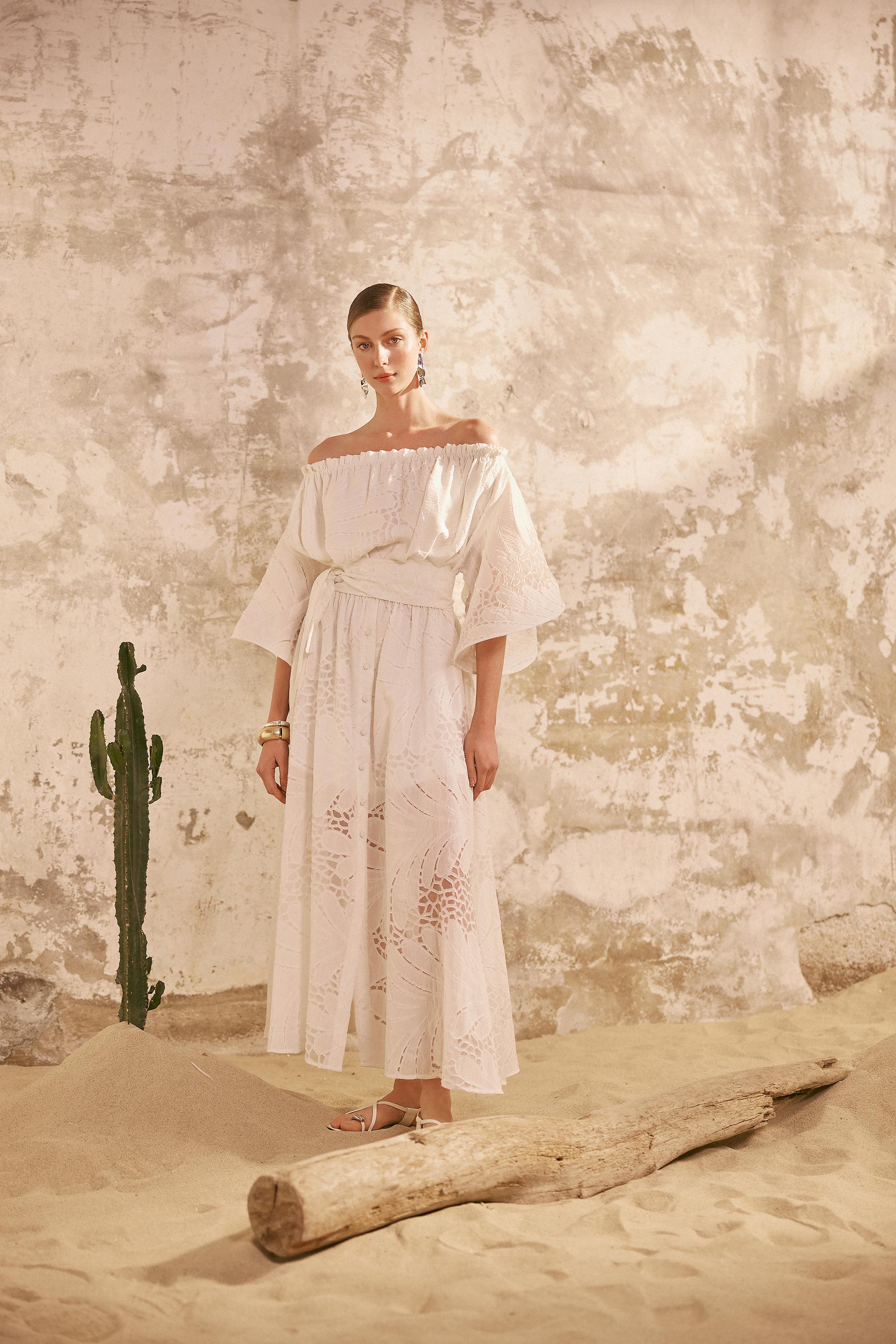 Victoria Wavy Sleeves Dress - White