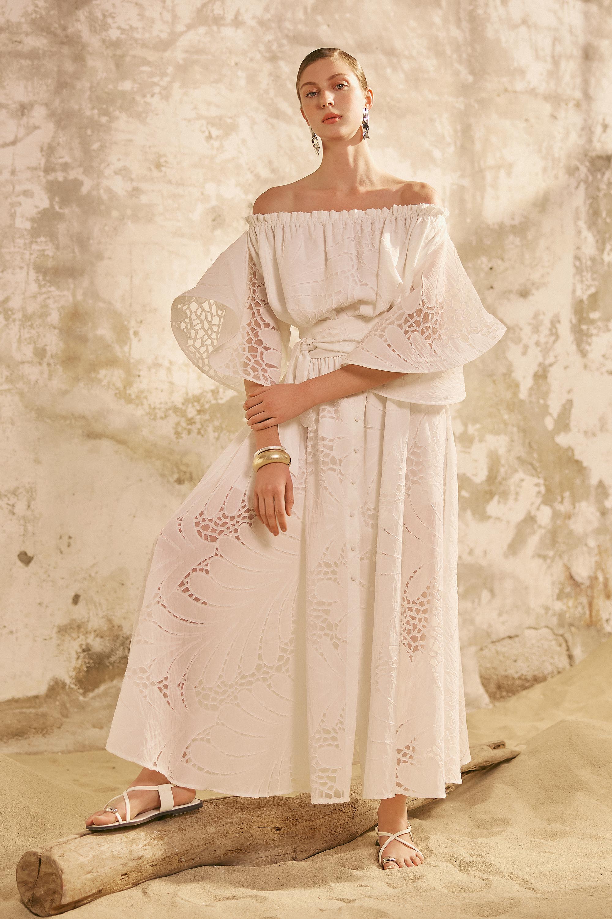 Victoria Wavy Sleeves Dress - White