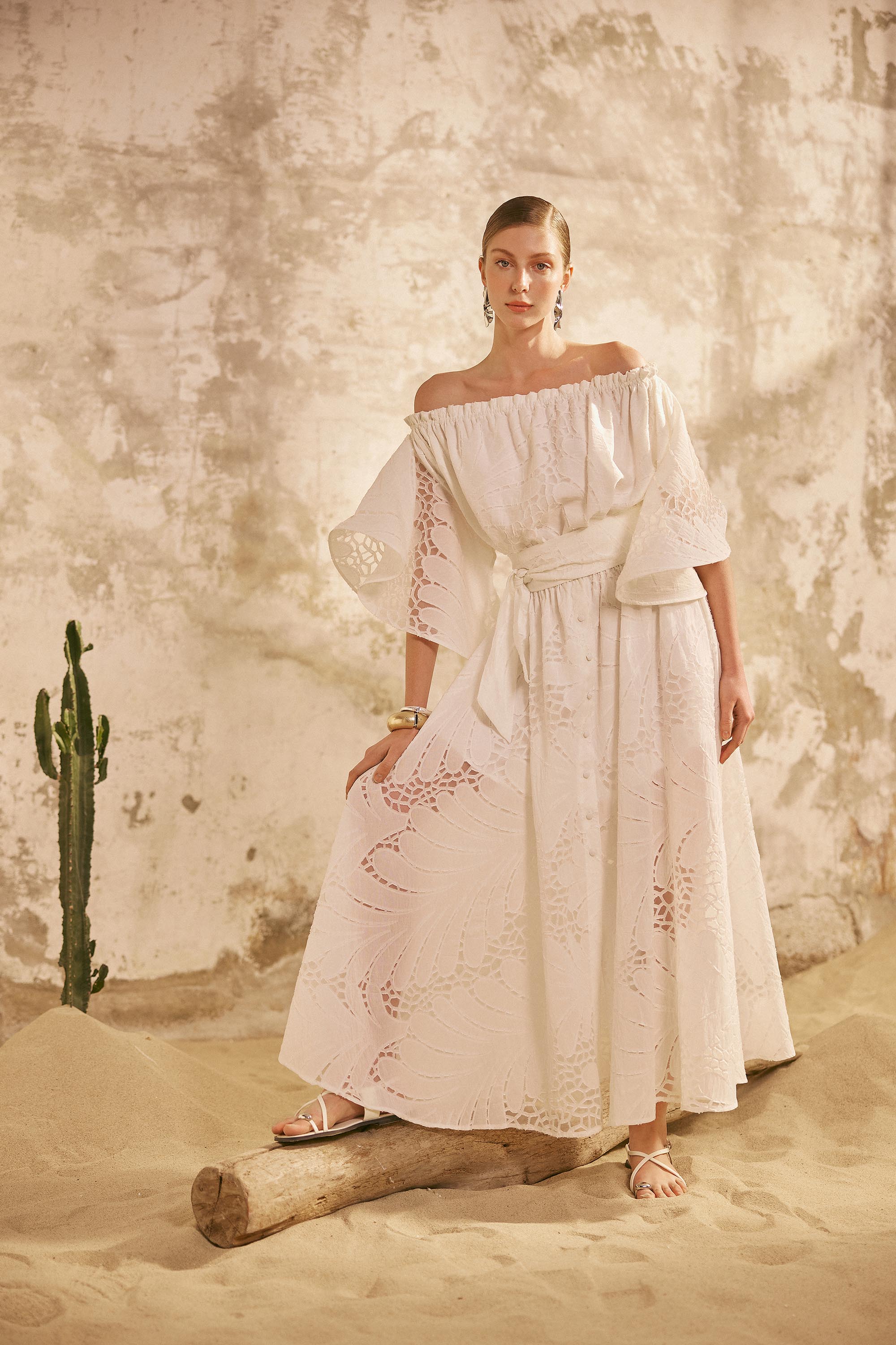 Victoria Wavy Sleeves Dress - White
