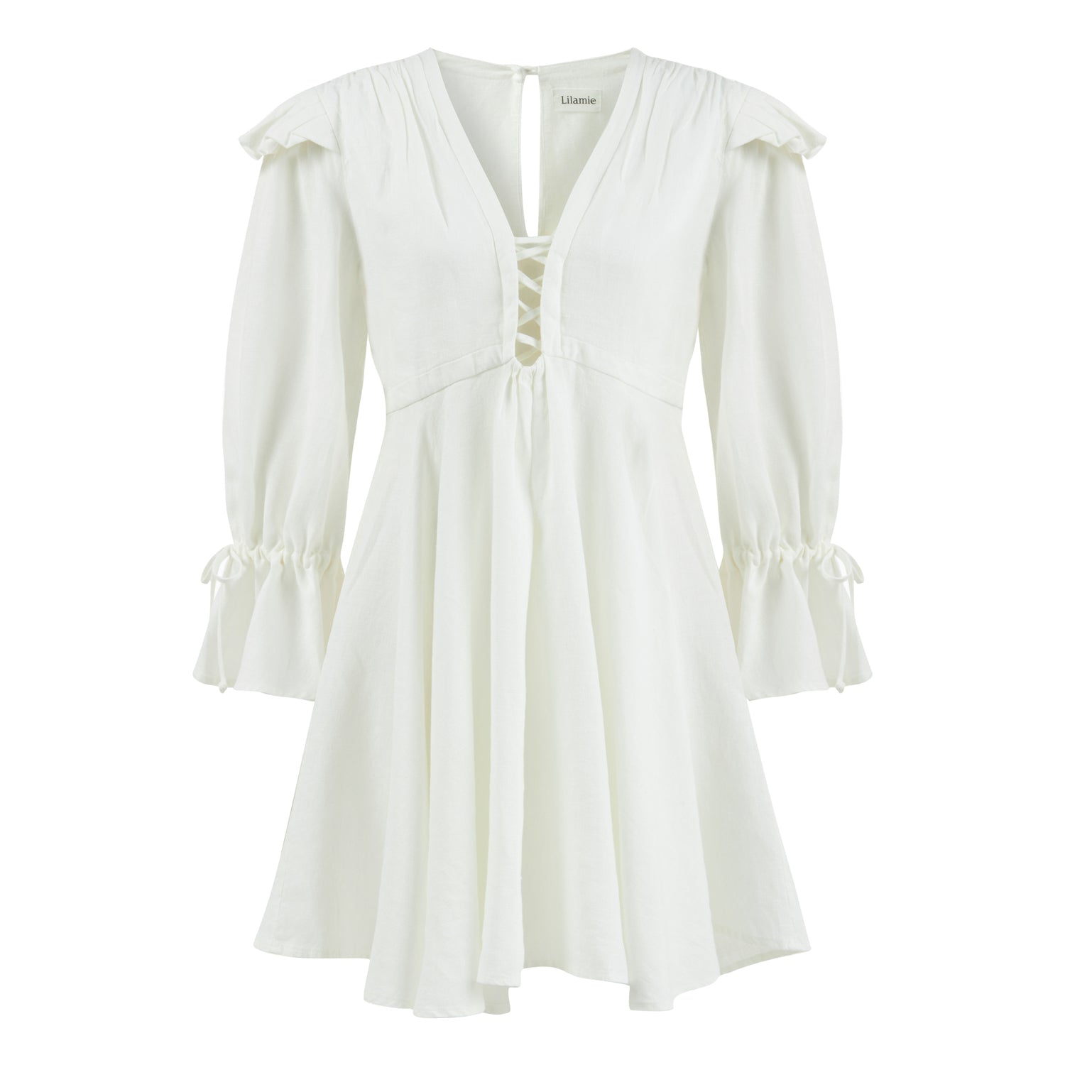 Sicily Loose Fit U Neckline Long Sleeve Mini Dress - White