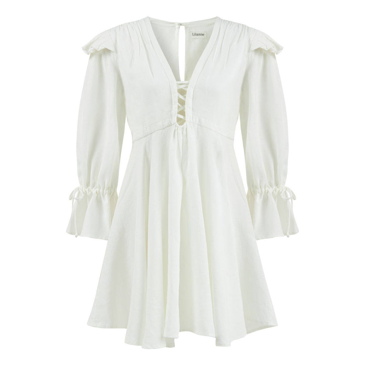 Sicily Loose Fit U Neckline Long Sleeve Mini Dress - White