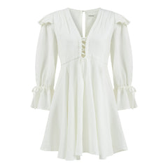 Sicily Loose Fit U Neckline Long Sleeve Mini Dress - White